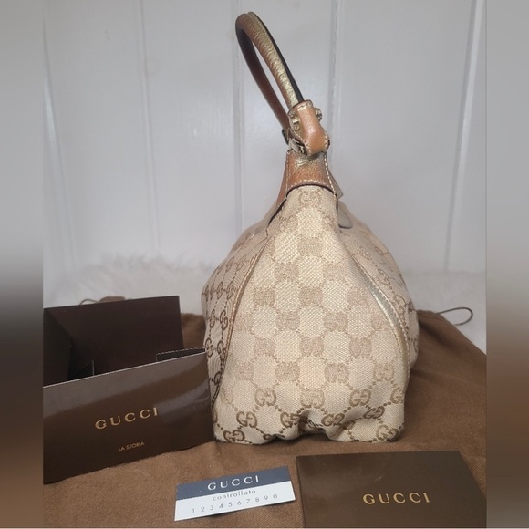 GUCCI CANVAS ABBEY SHOULDER BAG BEIGE/GOLD EARLY 90'S - Picture 6 of 12
